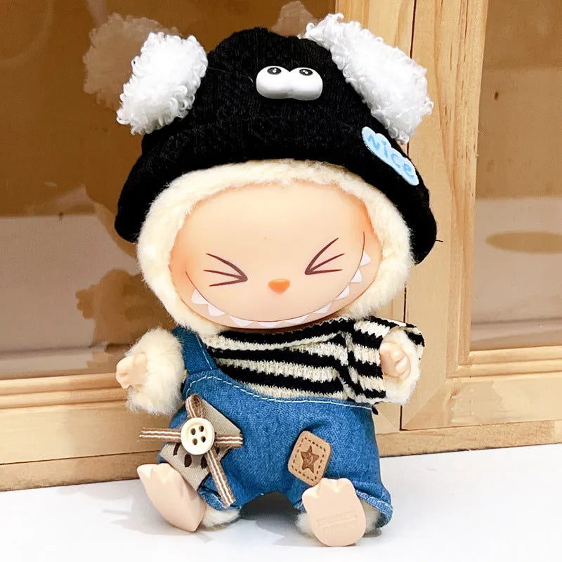 Labubu doll wearing striped puppy suit with denim suspender pants in polyester fabric