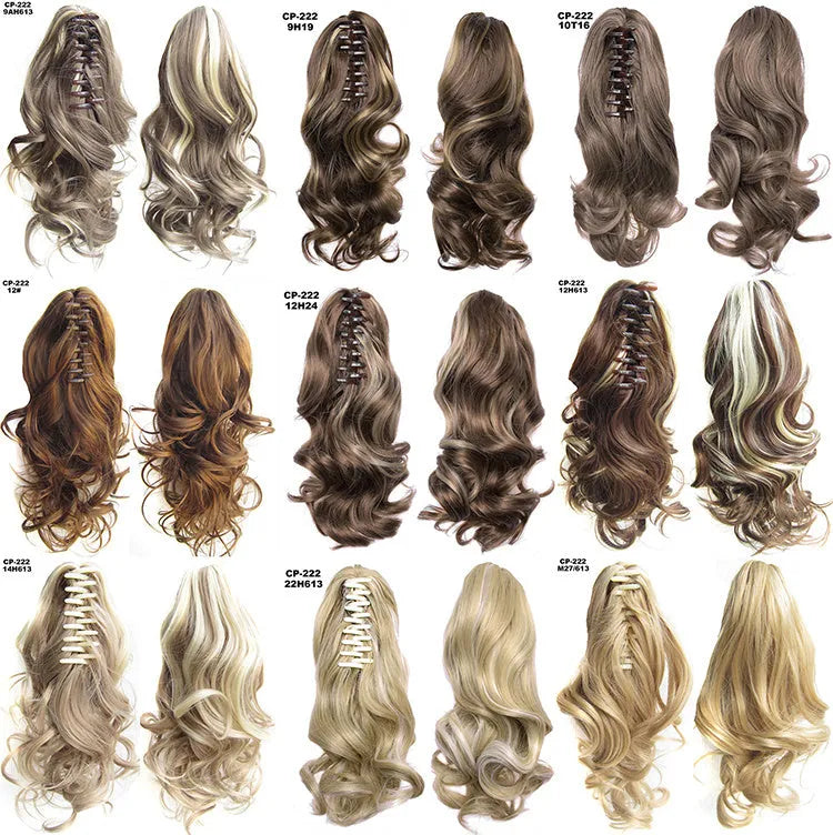 Long wave ponytail wrap-around clip in gray synthetic hairpiece with natural wave texture