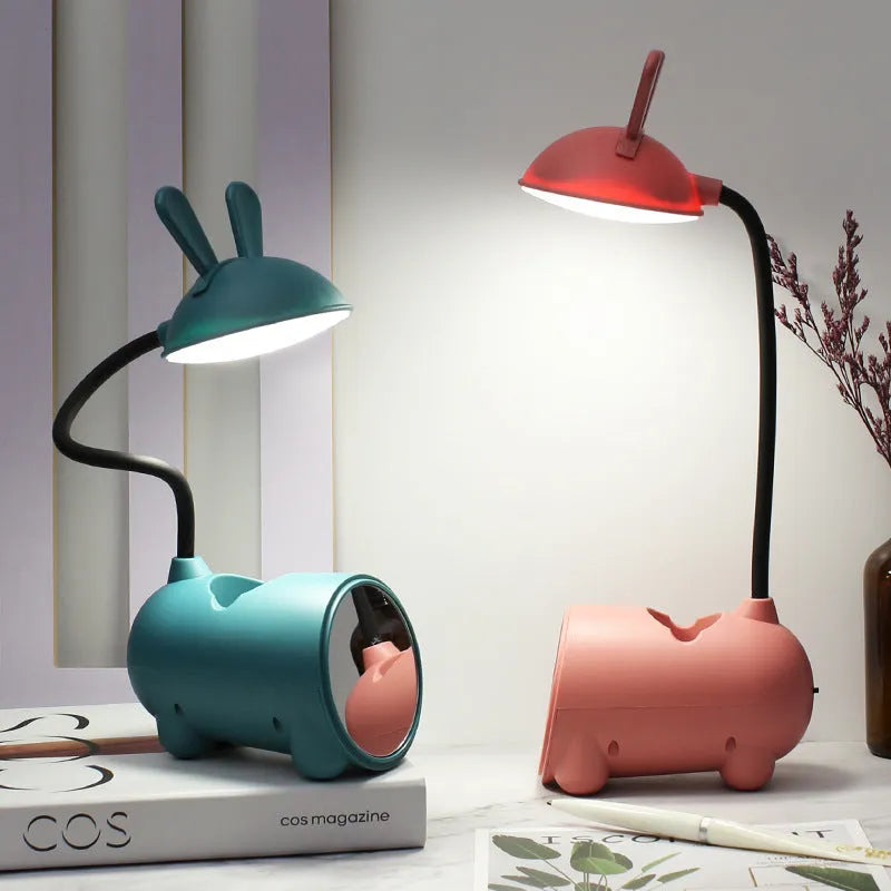 Cartoon-style USB desktop table lamp with pen container in dark blue colour