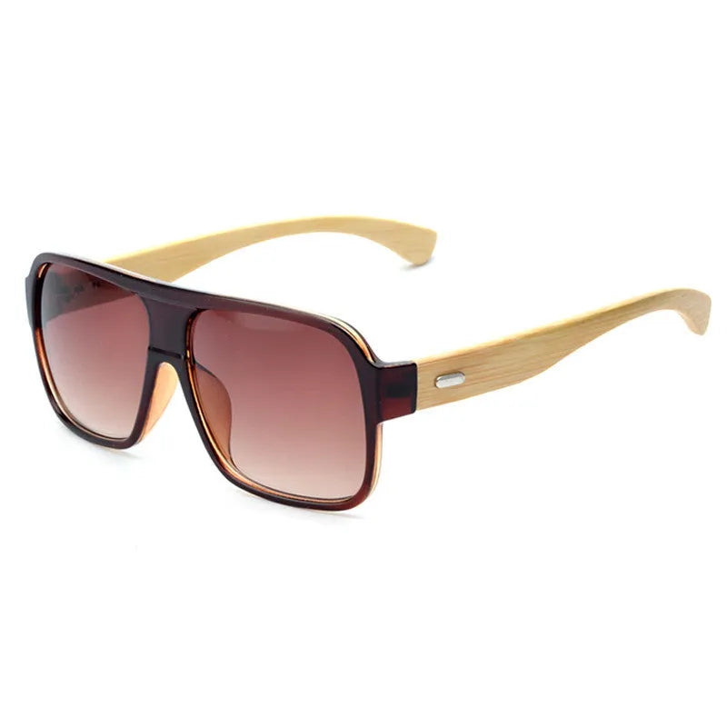 Wooden square sunglasses with brown frame and PC lenses on a flat surface