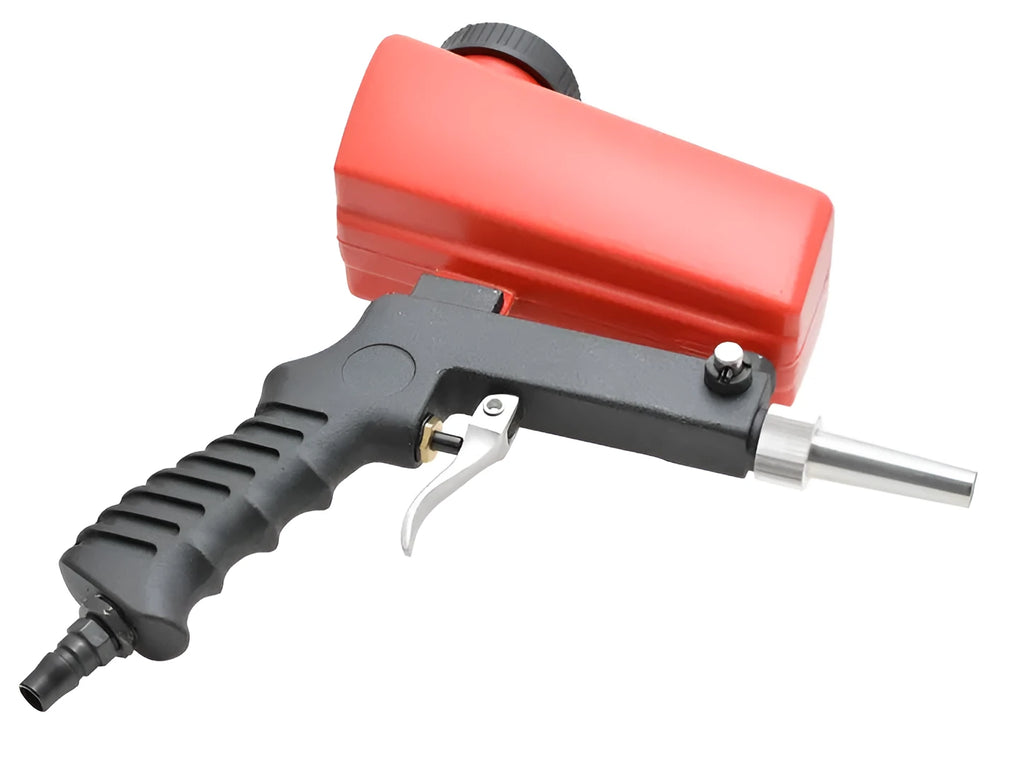Portable small gravity pneumatic sandblasting gun with 21lb tank, shown in blue colour