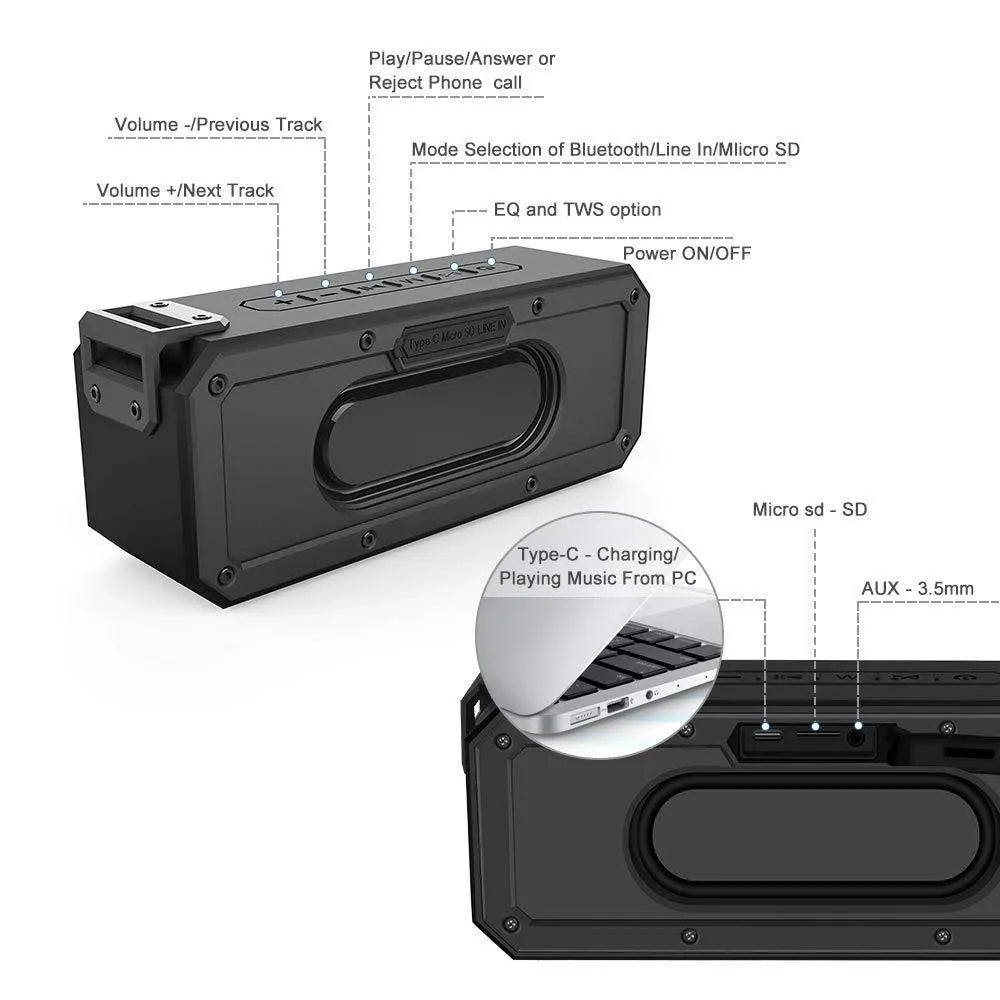 Black or blue waterproof portable Bluetooth speaker with climbing rope, showing compact 207mm design