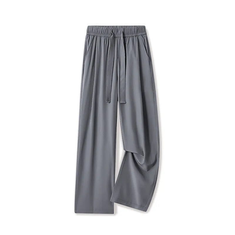 Men's quick-drying loose straight wide-leg casual trousers in solid colour, polyester blend, drawstring mid waist
