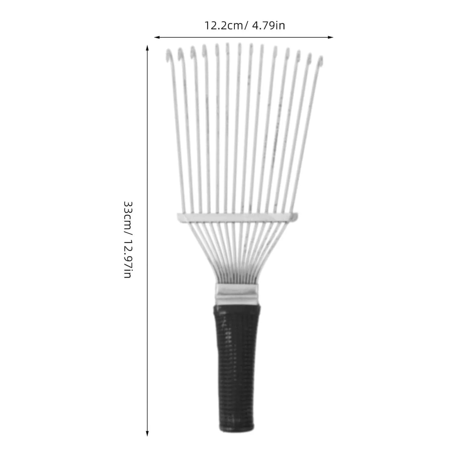 Black stainless steel pet dematting brush rake comb with curved teeth for grooming dogs and horses.