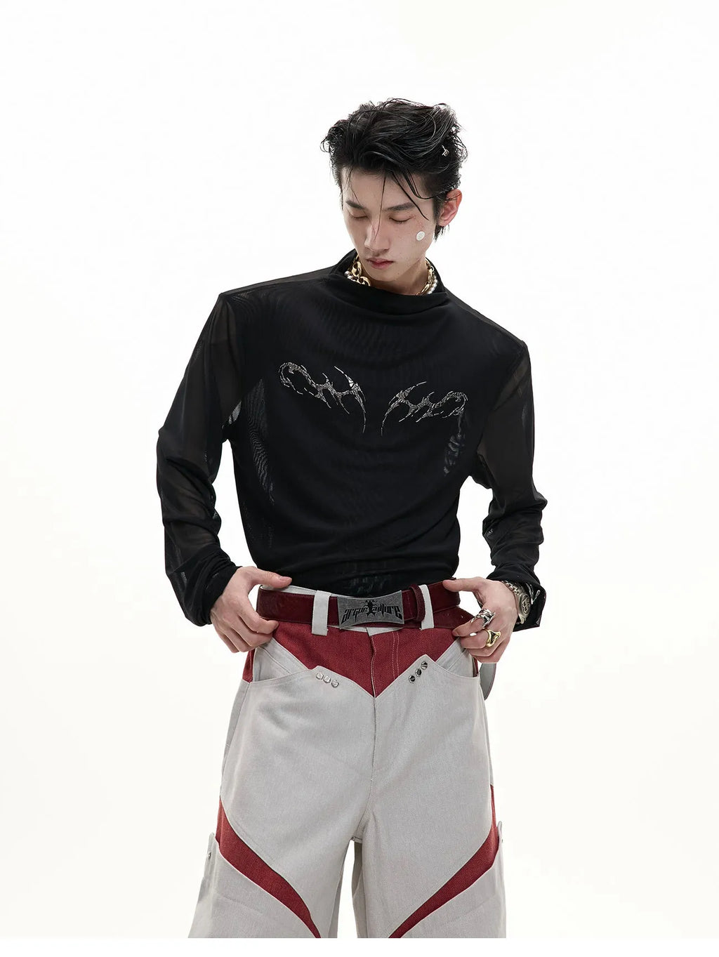 Black and white long sleeve mesh slim fit shirt for layering