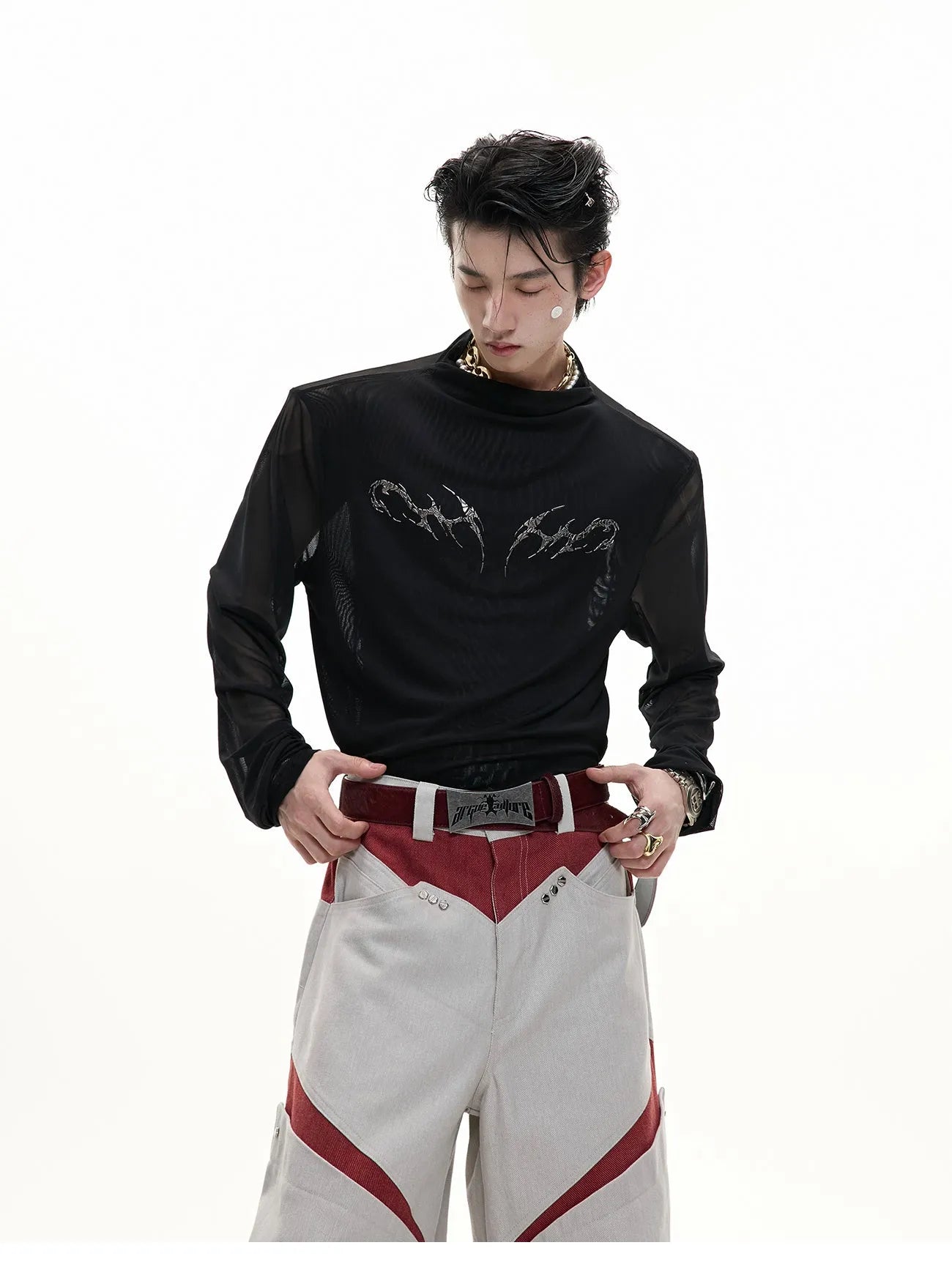 Black and white long sleeve mesh slim fit shirt for layering