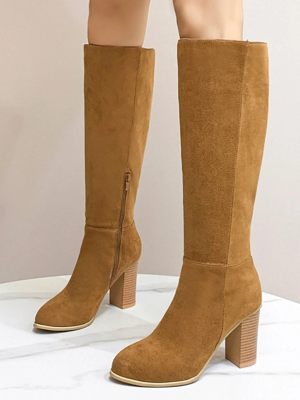 Women's black square toe high heel boot with artificial PU upper, side view