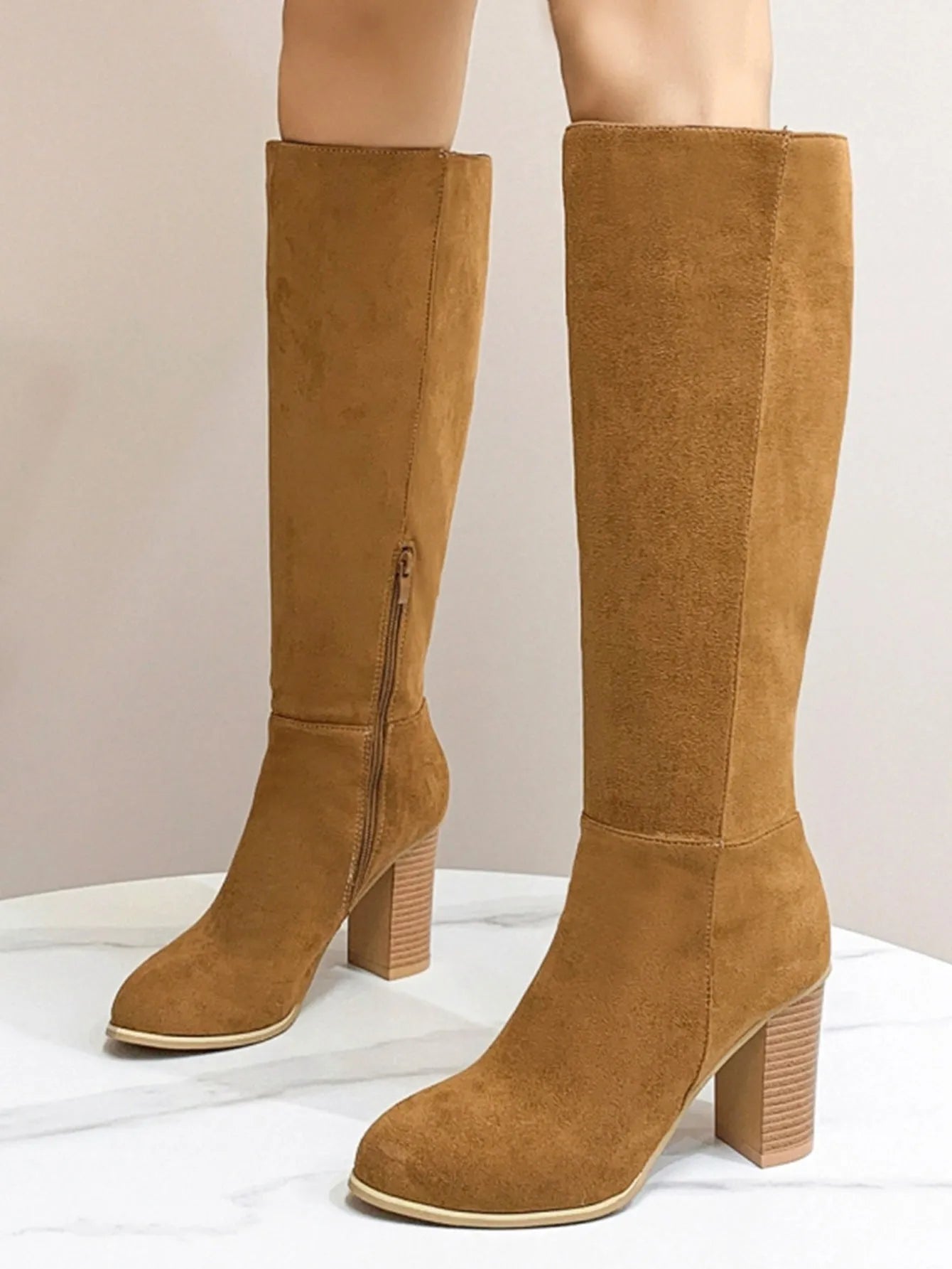 Women's black square toe high heel boot with artificial PU upper, side view