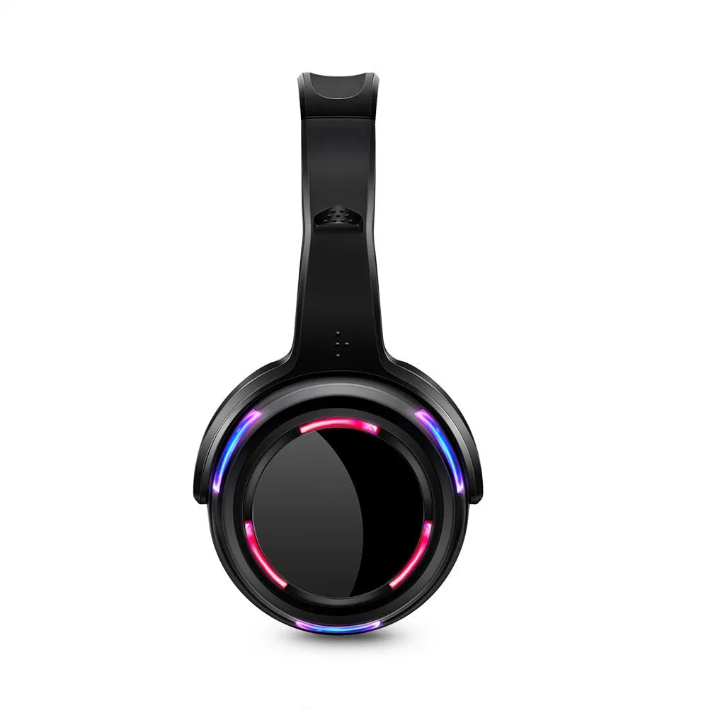 Black silent disco wireless headphones with over-ear design and built-in microphone