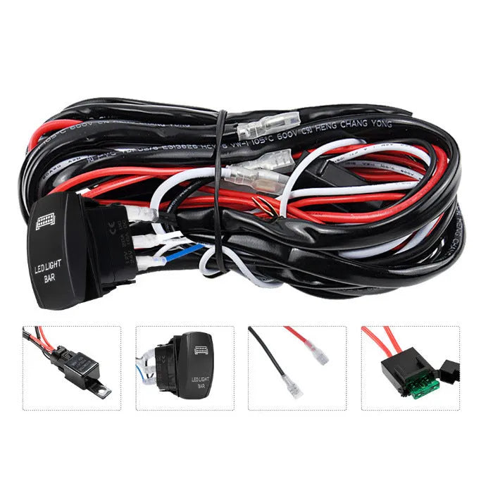 Off road LED spotlight cable set showing black 2 metre wire harness with integrated switch for vehicle lighting modification