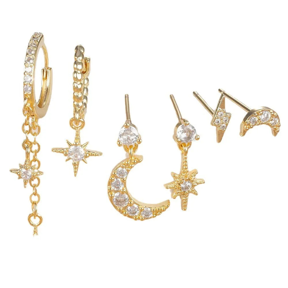 XINGX set of six gold chain tassel earrings with zircon studs for women