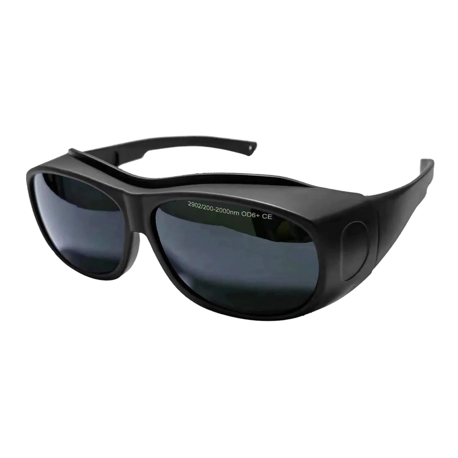 Pair of clear PC laser protection goggles for 200-2000nm wavelength, includes cleaning cloth.
