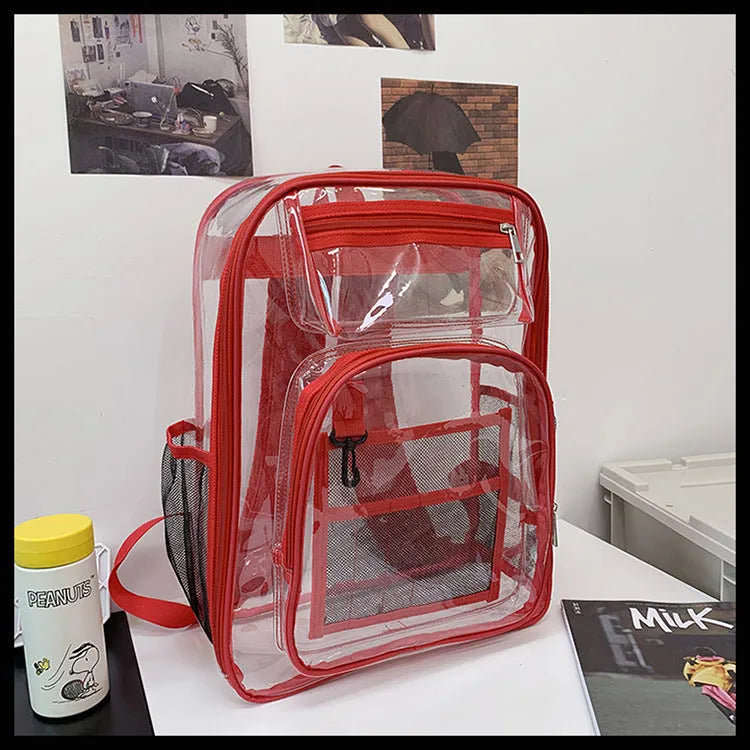 Transparent PVC waterproof backpack in grey with a visible black voile inner bag inside.