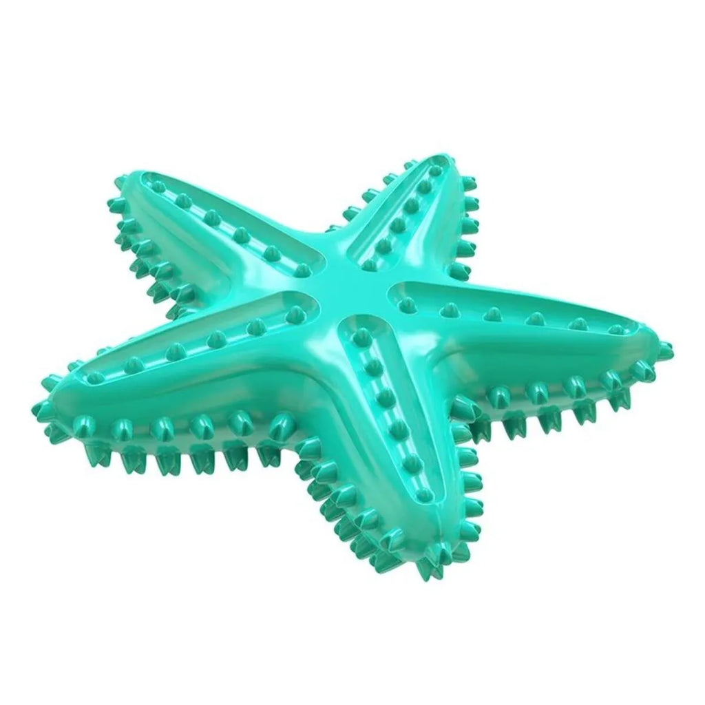 Edible TPR starfish dog toy for large breeds in blue green yellow colours with squeaker