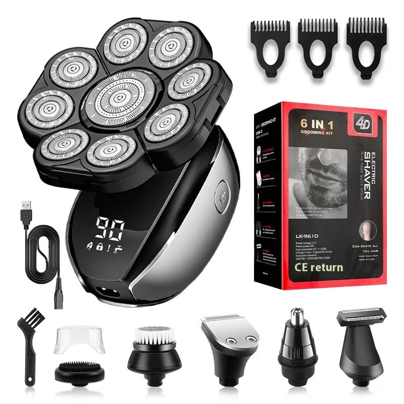 Black 6-in-1 rechargeable haircut suit with hair clipper, shaver, trimmer attachments, USB cable, and guide combs.