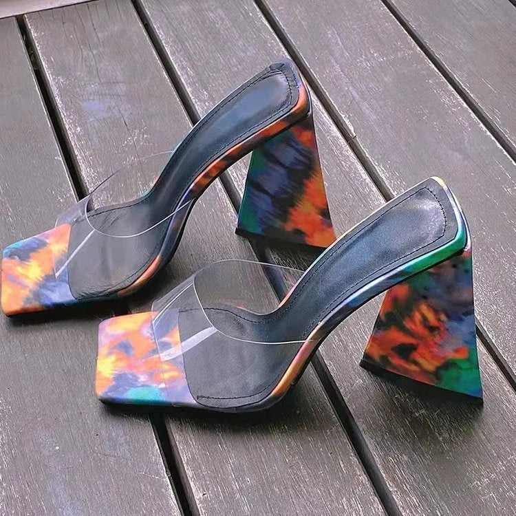 Women's square toe triangle heel slippers in black, rose red and orange colours with PU construction