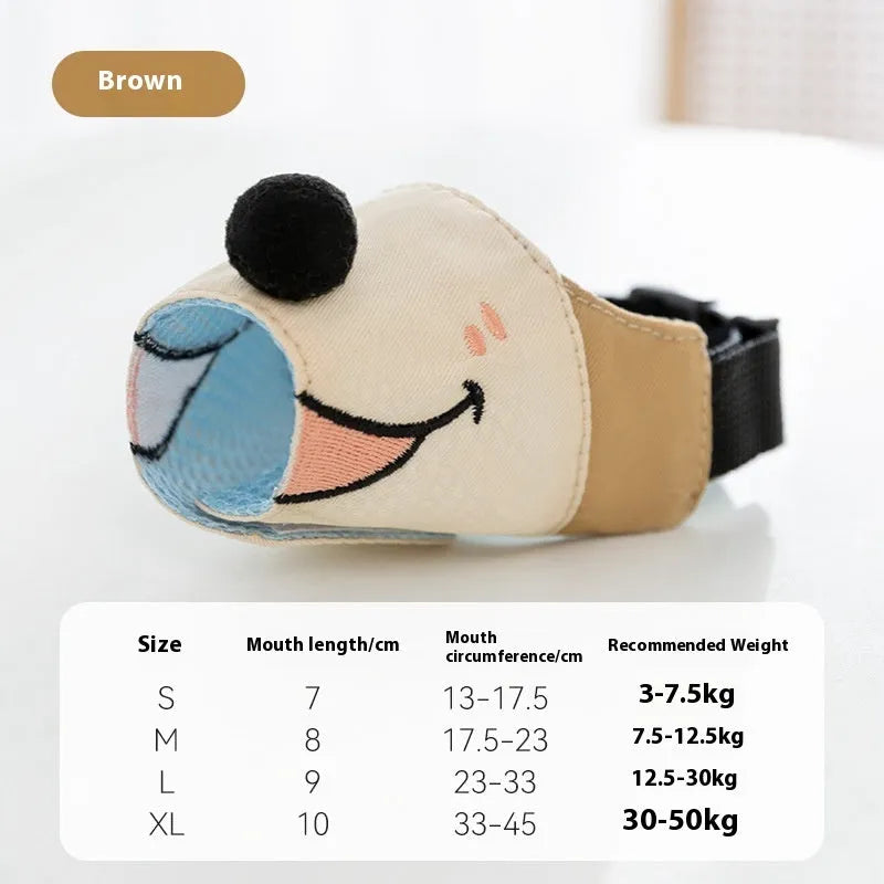 Canvas dog mouth cover muzzle in Ollie Brown Bear colour, shown alongside Bondi Blue Shark option.