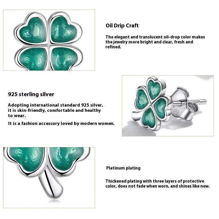 White gold plated 925 silver four-leaf clover stud earrings with green dripping oil, 1.0 x 0.8cm