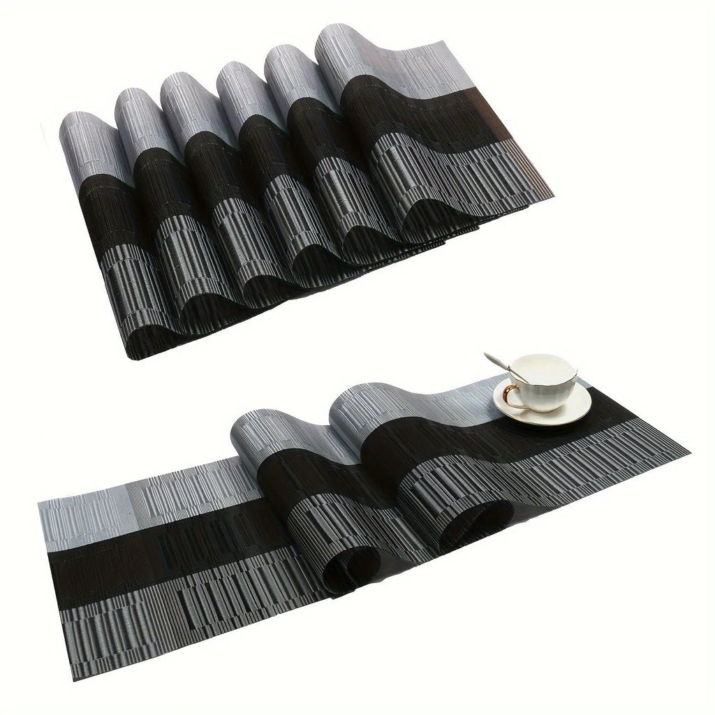 Modern simple PVC place mat in gradient bamboo pattern on a wooden table.