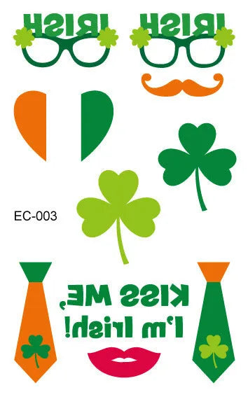 Irish festival temporary tattoo sticker with St. Patrick's Day shamrock design measuring 120×75mm