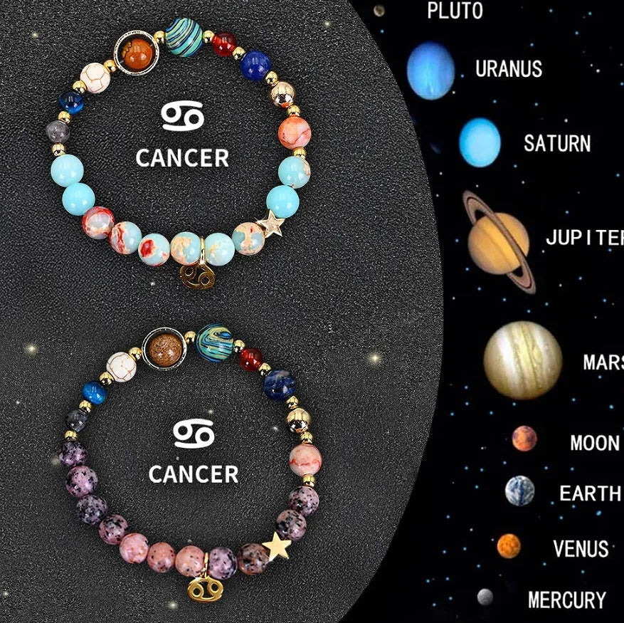 Two natural stone beaded bracelets with zodiac symbols on an adjustable fastening.