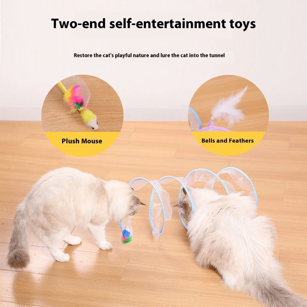 S-type cat tunnel toy with steel wire frame, elastic net covering, and feather attachment for feline play
