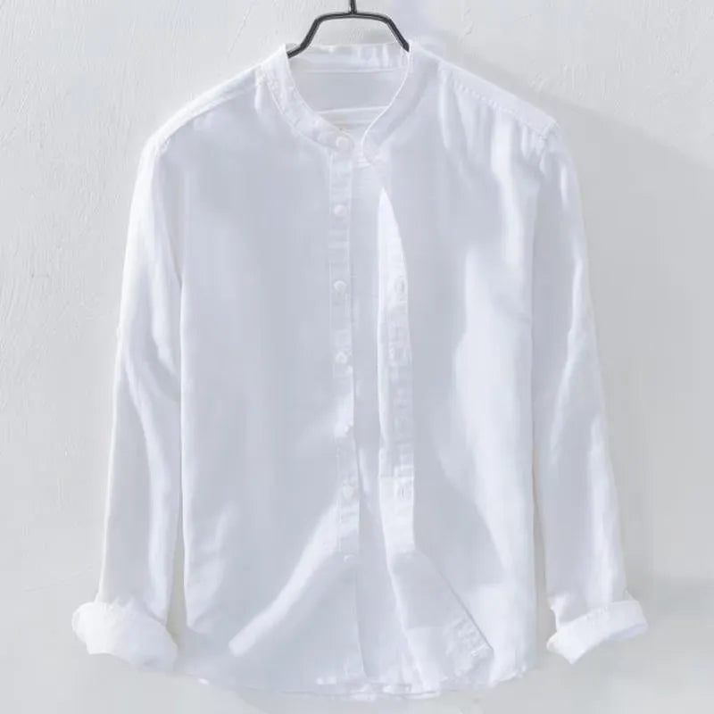 A loose-fit long sleeve casual shirt in a cotton linen blend, shown in a solid colour.