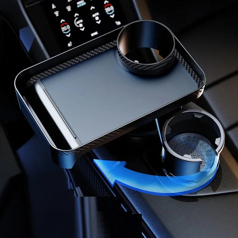 Black ABS plastic rotating dinner tray holder inserted into a car cup holder.