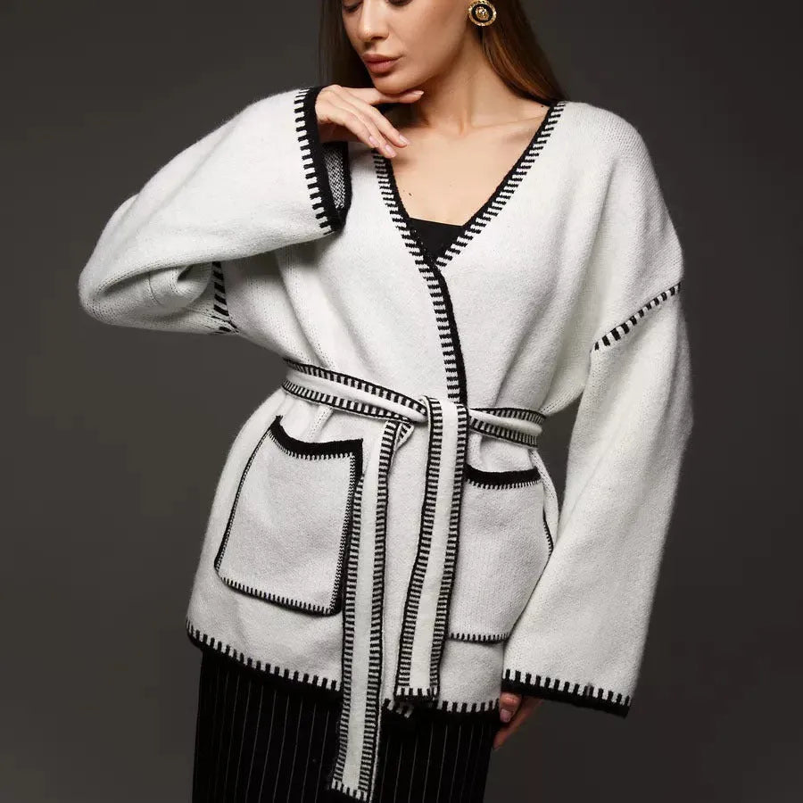 Loose fit knitted cardigan sweater coat in camel colour with long sleeves