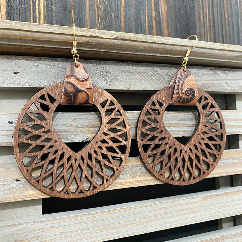 Retro wooden hollow mandala exaggerated drop earrings with geometric round pattern, unisex style