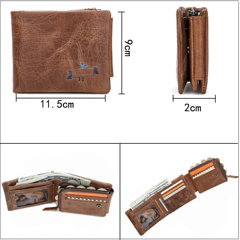 Vintage Crazy Horse leather tri-fold men's wallet in coffee colour, folded and showing card slots