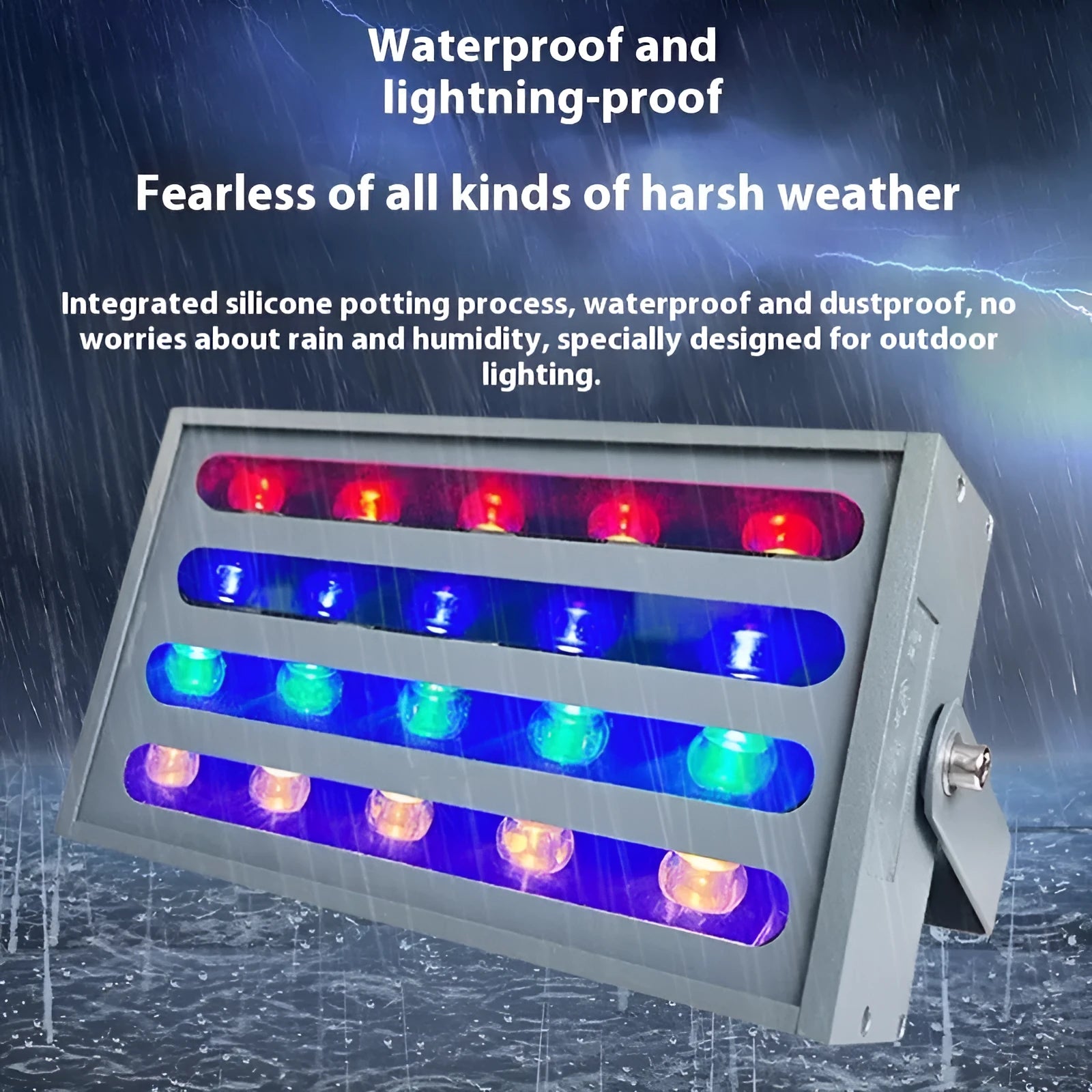 Outdoor waterproof LED rainbow tree projection spotlight with aluminum alloy housing on a dark background.