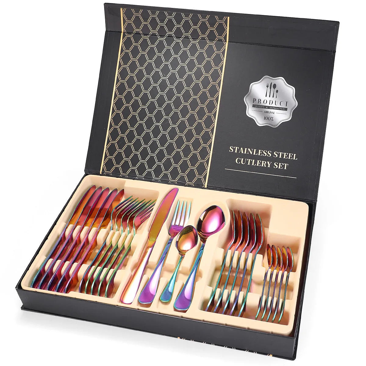 24 piece 18/10 stainless steel cutlery set in Silver style with wood storage box