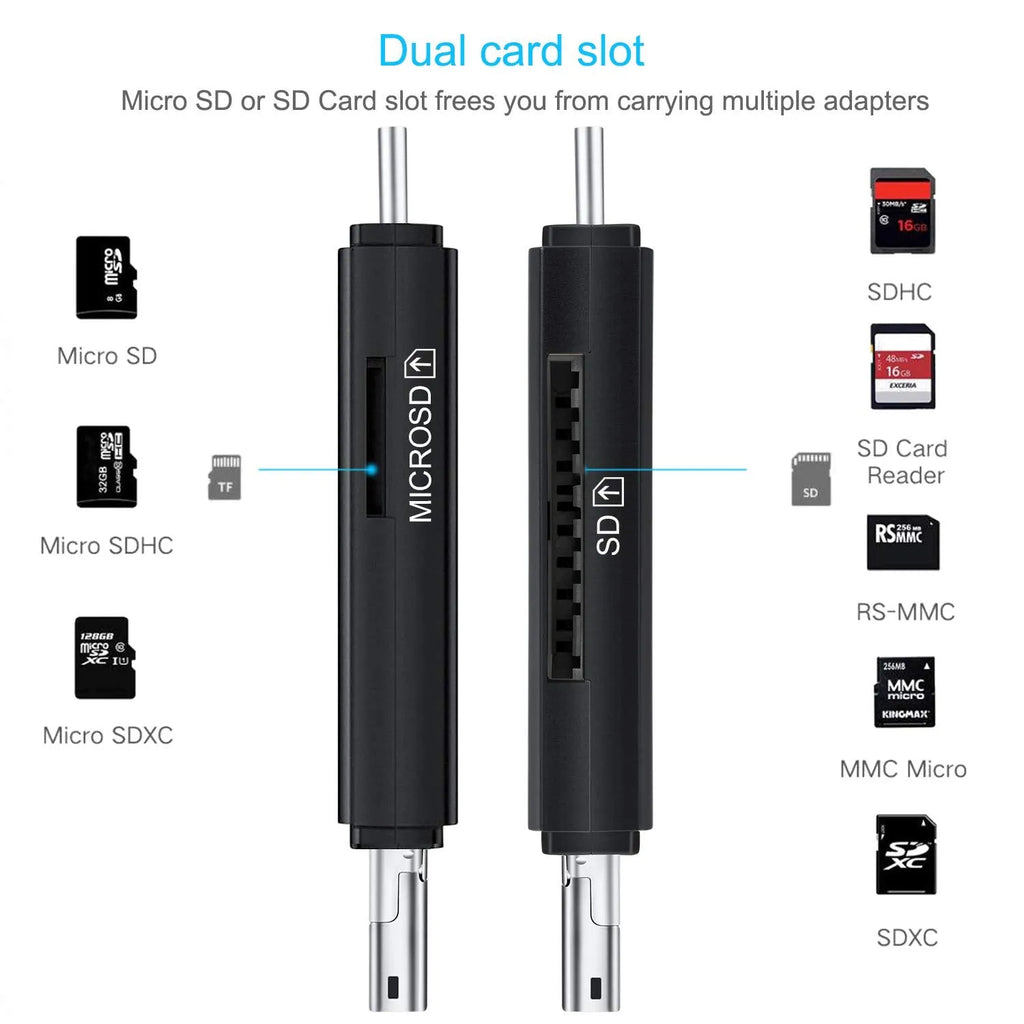 Black USB 3.0 card reader with USB-C connector for SD and TF memory cards