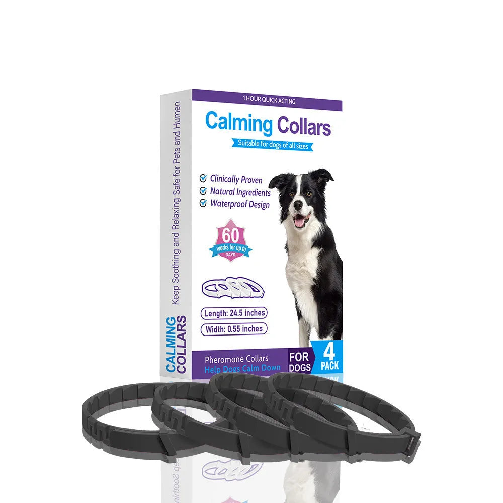 Four dog calming collars in assorted colours with adjustable 62cm length and TPR material