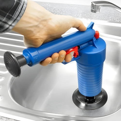 Plastic air power drain blaster gun with four different sized adaptors for clearing blocked pipes