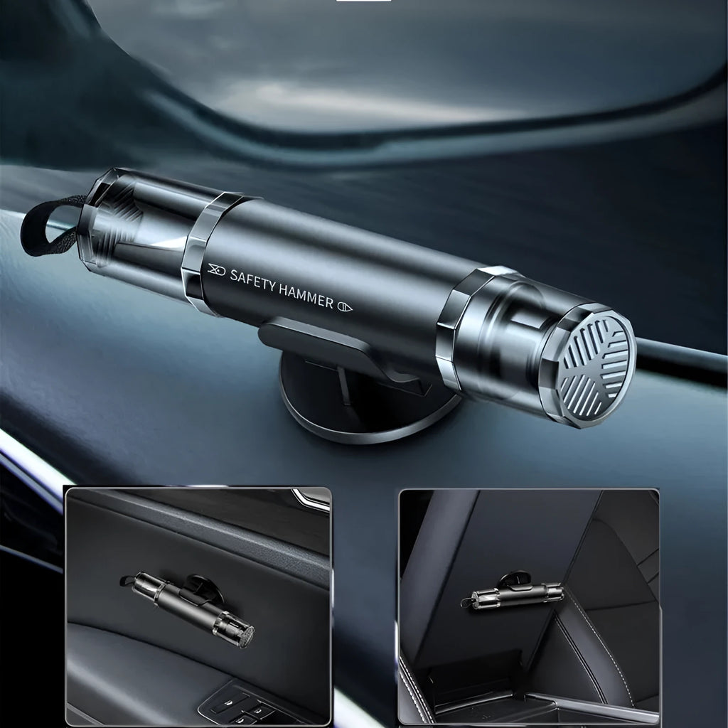 Black and red aluminium alloy car emergency hammer with a tungsten steel tip and a hidden seat belt cutter, shown with a mounting bracket.