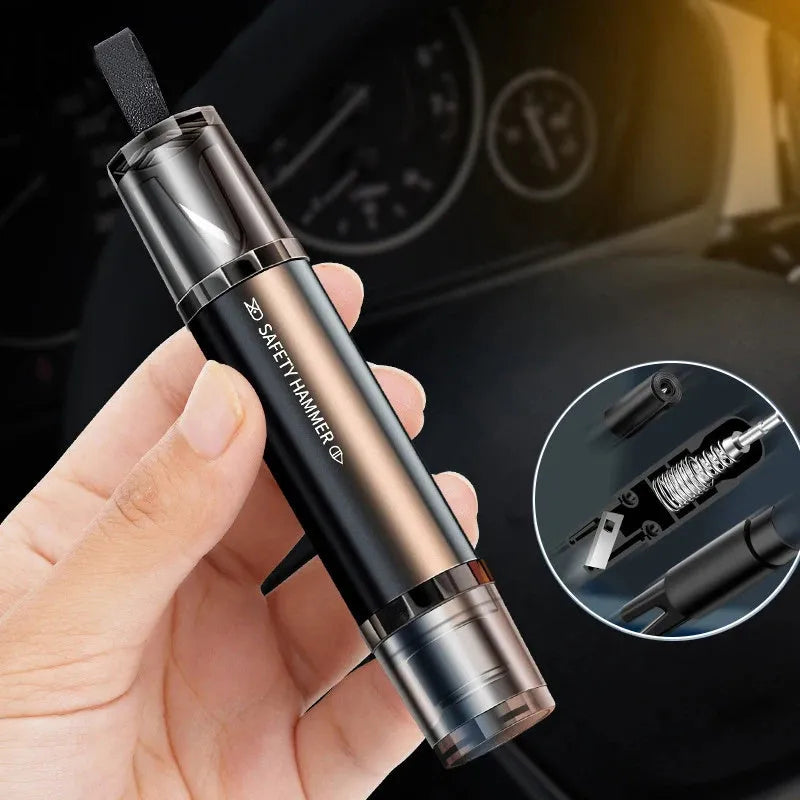 Black and red aluminium alloy car emergency hammer with a tungsten steel tip and a hidden seat belt cutter, shown with a mounting bracket.