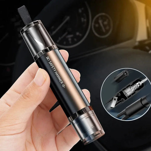 Black and red aluminium alloy car emergency hammer with a tungsten steel tip and a hidden seat belt cutter, shown with a mounting bracket.