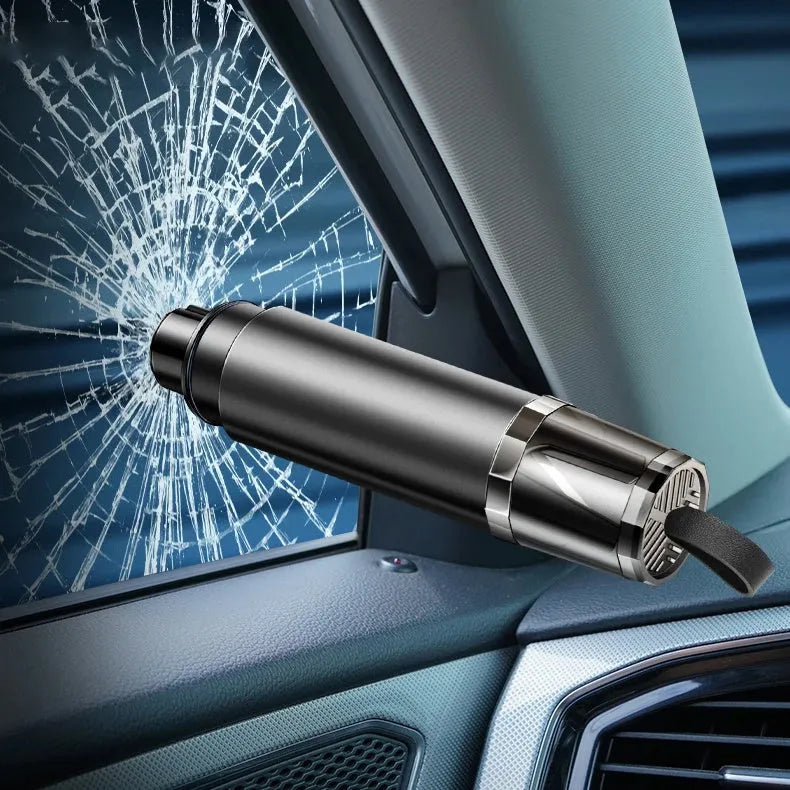 Black and red aluminium alloy car emergency hammer with a tungsten steel tip and a hidden seat belt cutter, shown with a mounting bracket.