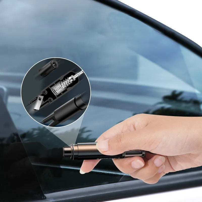 Black and red aluminium alloy car emergency hammer with a tungsten steel tip and a hidden seat belt cutter, shown with a mounting bracket.