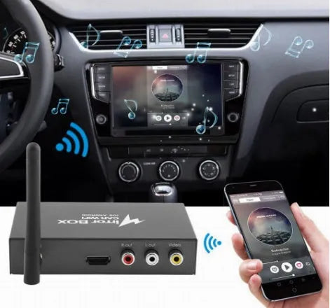 Black car mirror link box host unit with connecting AV cable, power cable, and antenna.