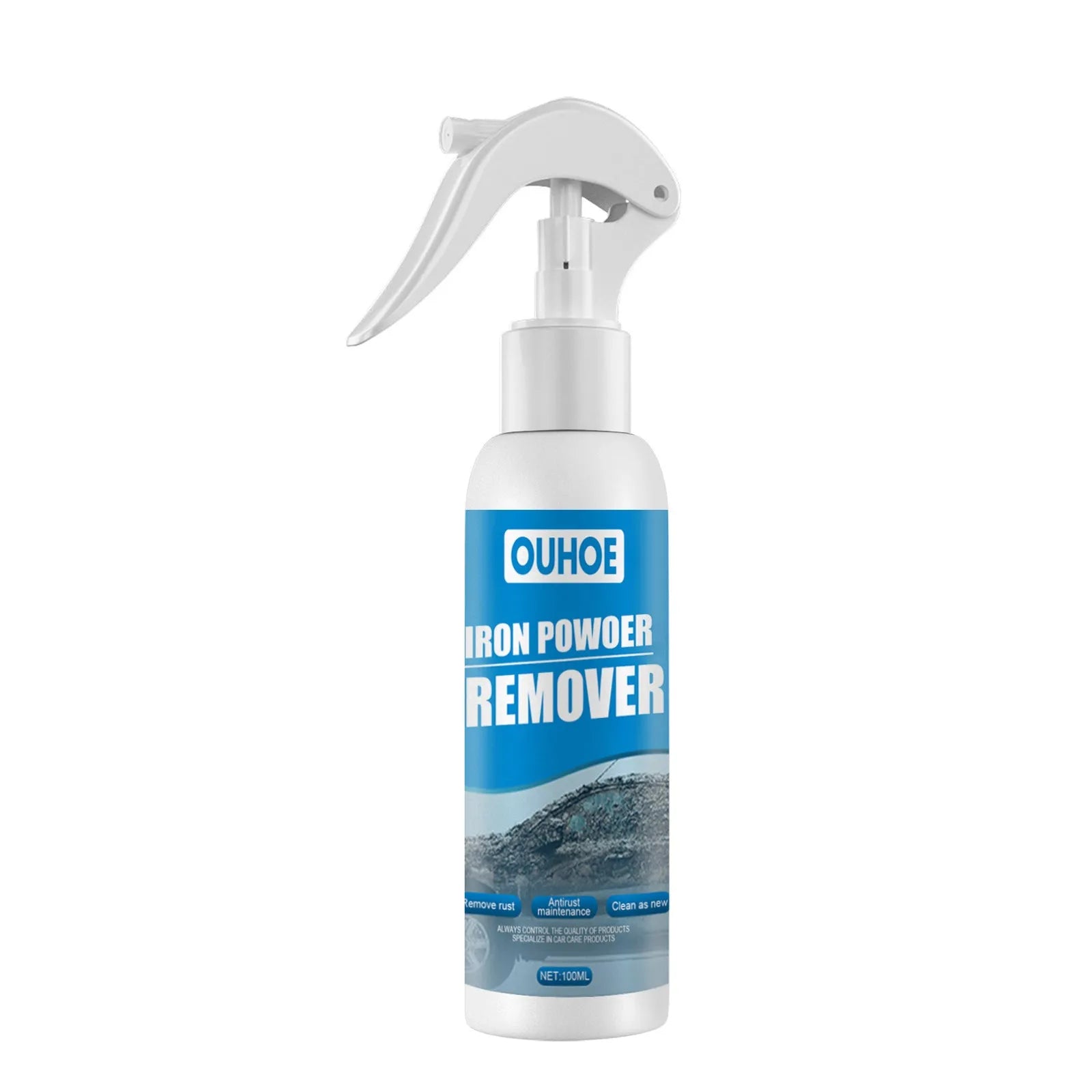 Automotive iron powder rust remover spray bottle with blue sponge and towel for car cleaning