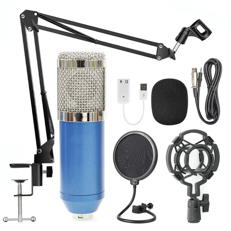 BM-800 condenser microphone on a desktop stand, shown in various colour options including black, silver, and white.