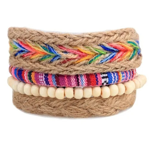 Hand-woven leather bracelet with wooden beads and adjustable design for vintage punk style