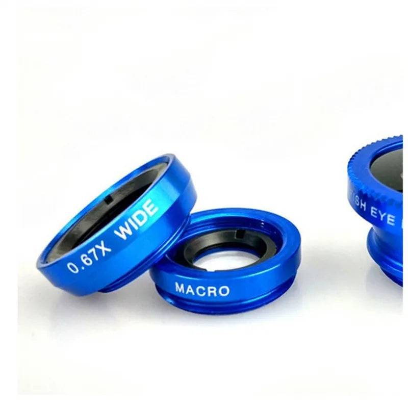 Black 3-in-1 smartphone camera lens kit with fisheye, wide-angle, and macro lenses and a universal mounting clip.