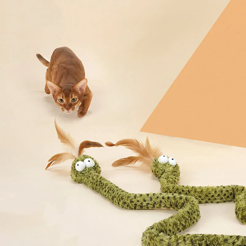 Green cat teasing stick with feather attachment measuring 140cm long