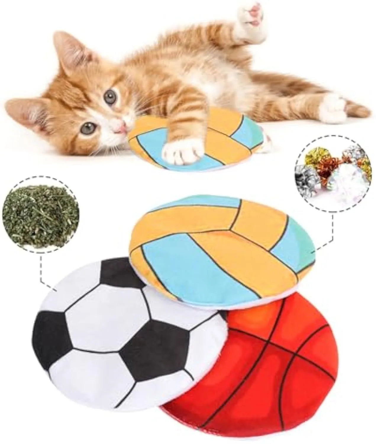 Soft plush flying disc shaped cat toy with sports ball pattern measuring 5x5x2cm