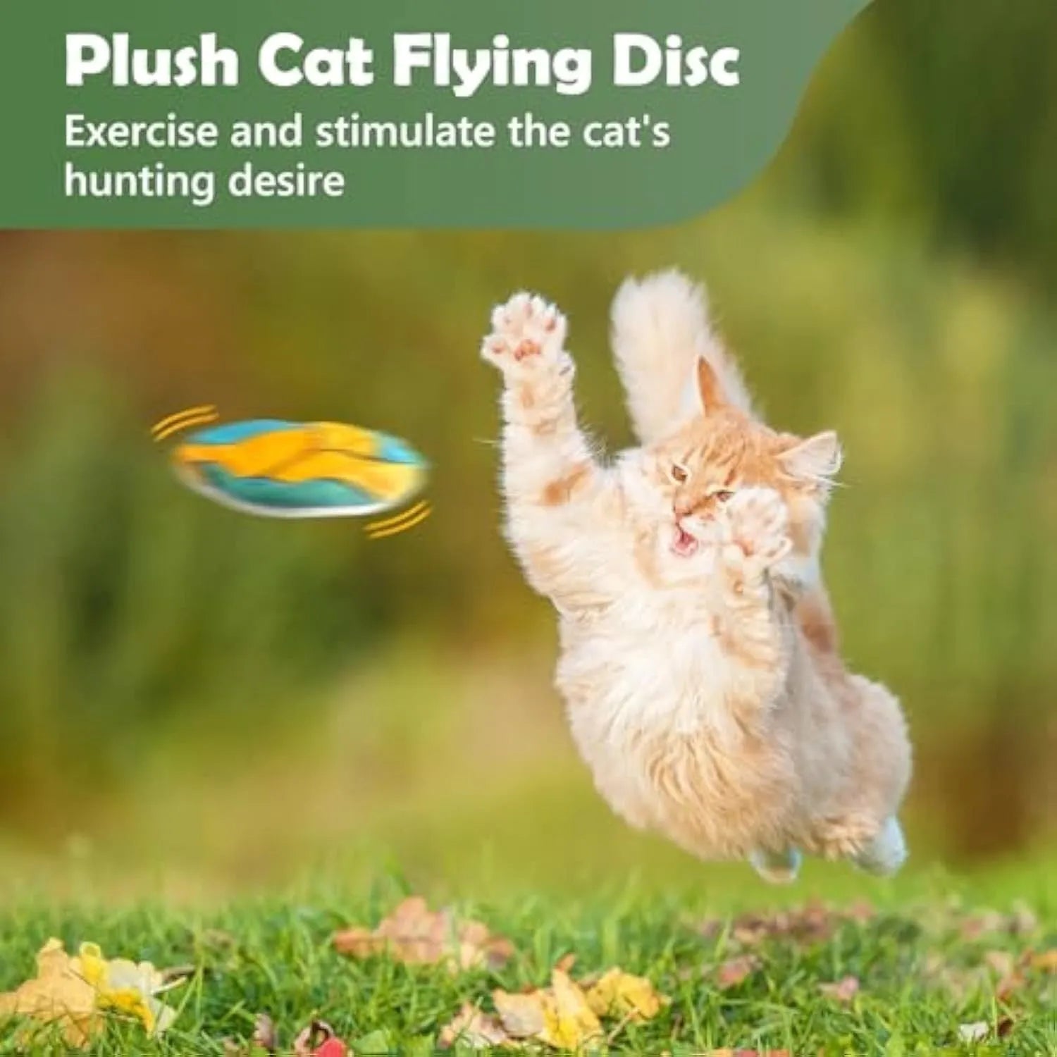 Soft plush flying disc shaped cat toy with sports ball pattern measuring 5x5x2cm