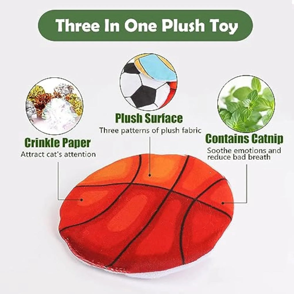 Soft plush flying disc shaped cat toy with sports ball pattern measuring 5x5x2cm